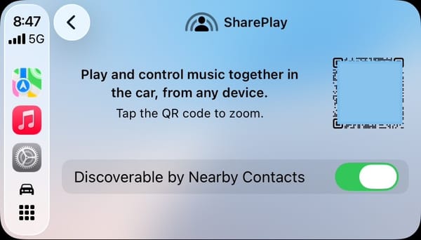 AiPhone SharePlay CarPlay screen showing a QR code and the option to allow nearby contacts to join and control music in the car.